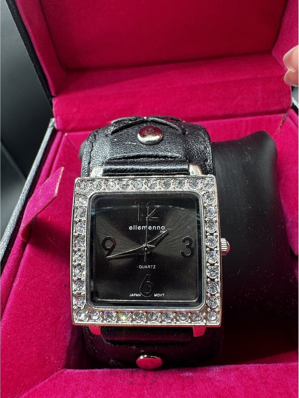 Ellemenno Women’s Quartz Watch Black Dial Crystal Bezel Cuff Strap NIB Y2K
